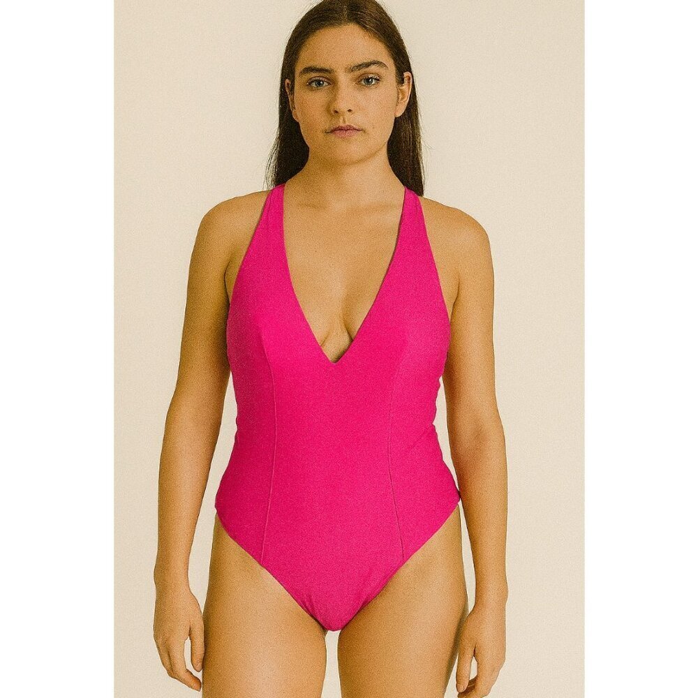 Free People body suit hot pink cheeky snap crotch cross back stretch V-neck  SM